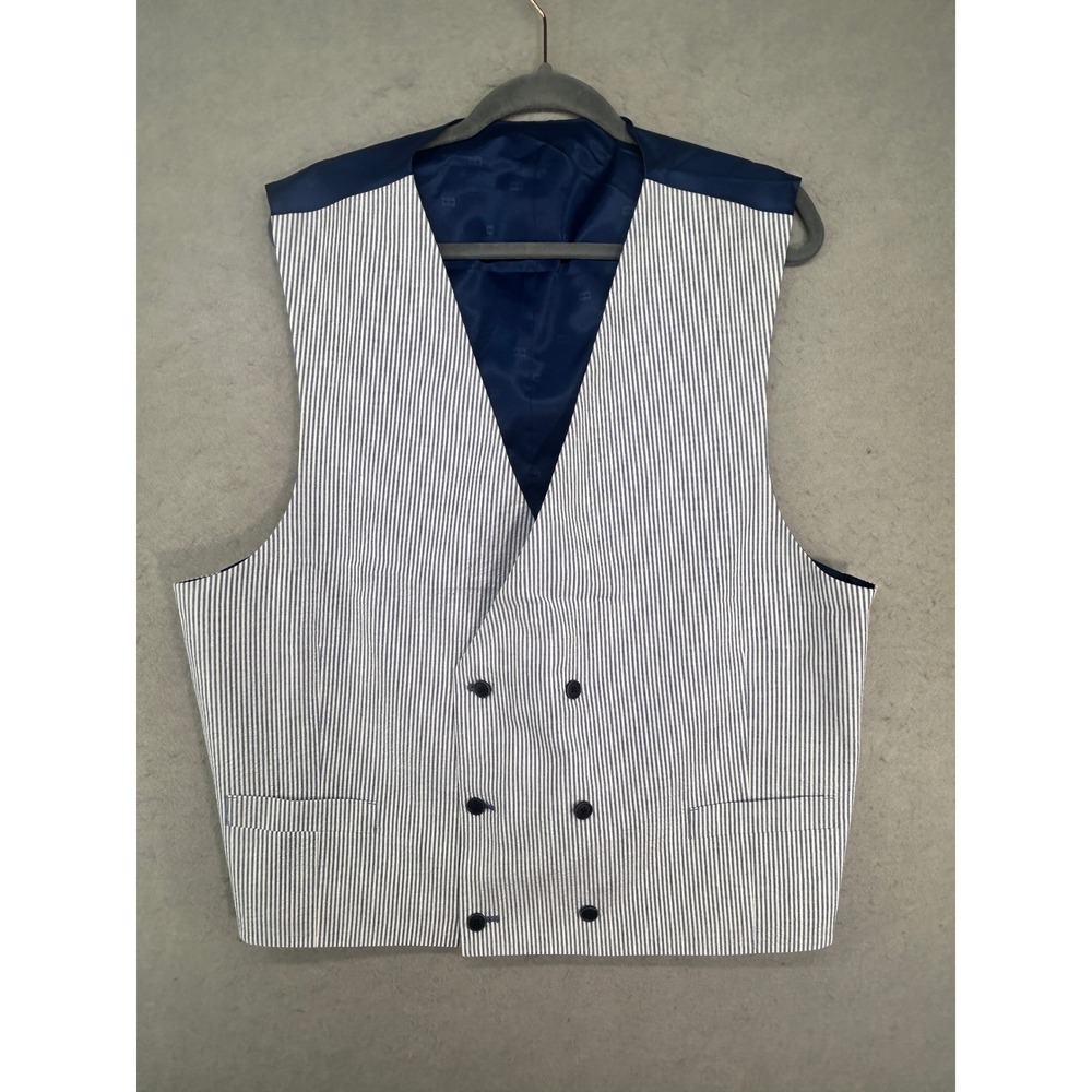 Tommy Hilfiger Mens XL Seersucker Double Breasted Suit Vest Blue White Stripe